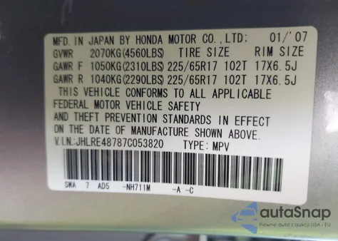 2007 Honda Cr-V Ex-L from USA, damaged, VIN JHLRE48787C053820